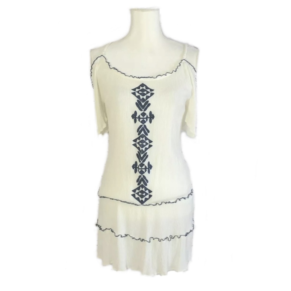 Umgee Cold Shoulder Embroidered Boho Tunic Top Cream Navy Sz M